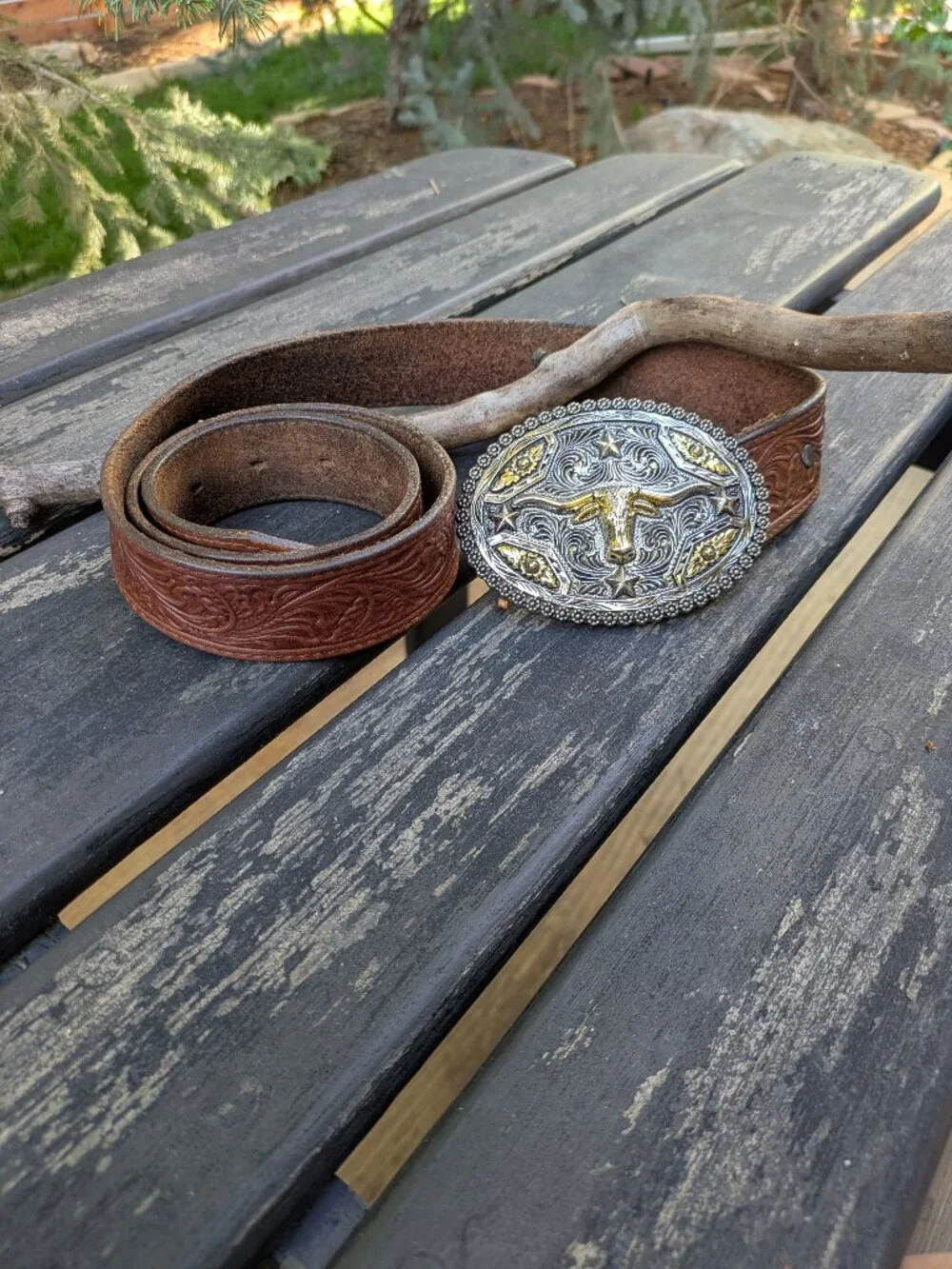 AndWest Longhorn with Stars Oval Belt Buckle & embossed leather belt.